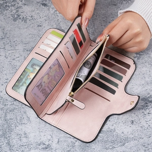 Pink long PU leather wallet for women with card slots, coin pocket and secure button closure