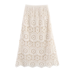 Jupe Crochet Femme Ajourée Tricot Longue Taille Élastique Vacances Plage Bohème Crème