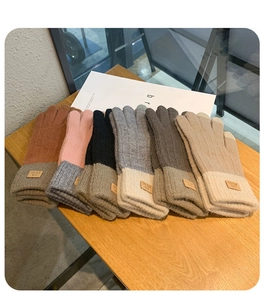 Multi-colored knitted winter gloves with touch screen design and warm plush lining