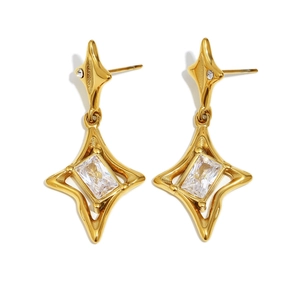 18K gold plated stainless steel star pendant earrings with rectangular clear gemstone