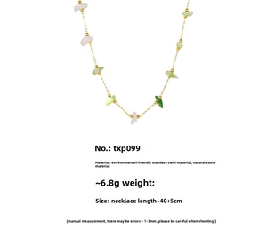 Detail of eco-friendly stainless steel necklace with natural colorful stone fragments
