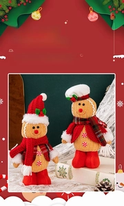 Detail of knitted Christmas gingerbread man dolls with chef hat and peppermint buttons