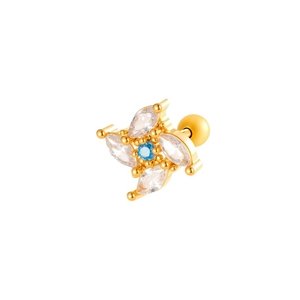 Piercing a farfalla occhio del diavolo dorato con zirconi pavé e pietra blu su sfondo bianco