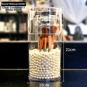 Detailed view of dustproof acrylic makeup brush holder with lid and white pearls inside