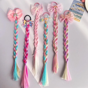 Set of 6 colorful girl's hair ties with rainbow wig braids and cute cartoon charms