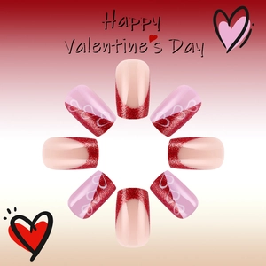 Kurze eckige Valentinstag-Nägel mit Glitzer, French-Design und Herzmuster, 24er-Set