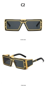 Front and 45-degree side views of black and gold square frame futuristic sunglasses