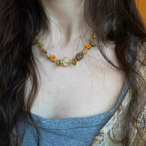 Handmade Beaded Necklace Colorful Glass Flower Leaf Lemon Charms Bohemian Summer Clavicle Chain Jewelry Gift Women