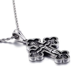 Retro stainless steel cross pendant necklace with Jesus relief on a textured twist chain