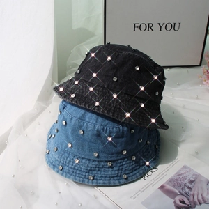 Denim bucket hat with rhinestones in black and light blue, stylish casual sun protection