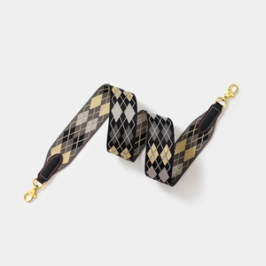 Adjustable woven shoulder strap with geometric diamond pattern and gold metal swivel hooks