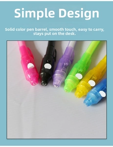 Detail shot of invisible ink pens in six colors with built-in UV lights for magic writing