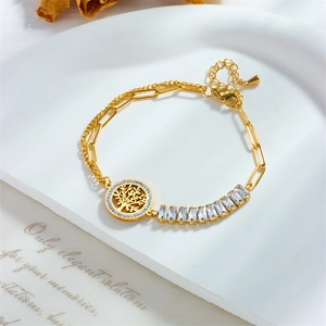 Gold tree of life medallion bracelet with rectangular crystals and double chain link design