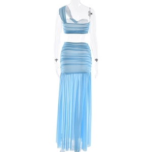 Rear view of blue two-piece mesh set with one-shoulder top and high-waist ruched skirt