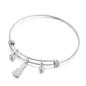 Silver stainless steel adjustable bangle featuring a guitar charm and two round beads