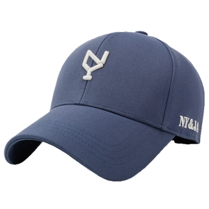 Navy blue twill cotton baseball cap with white 3D letter embroidery in a 45-degree view