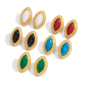Titanium steel stud earrings set with colorful agate stones and gold twisted borders