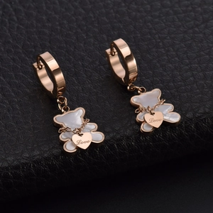 Rose gold teddy bear earrings with white shell inlay and Love heart charm on leather