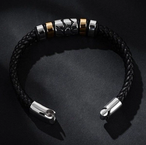 Mens punk woven leather bracelet with silver and gold metal rings and magnetic clasp