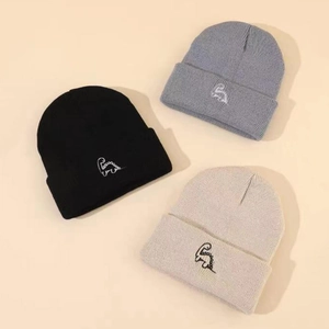 Three-pack kids knit beanies in black, grey and beige featuring cute dinosaur embroidery