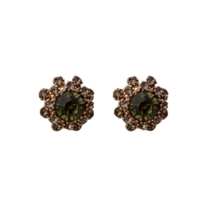 French vintage flower stud earrings with green center stone and champagne crystals