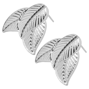 Detailed view of leaf-shaped stainless steel stud earrings with silver polished finish