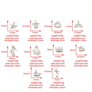 Silver stainless steel ocean charms set with dimensions for DIY jewelry making