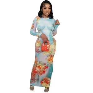 Long-sleeve slim floral maxi dress in light blue with artistic silhouette print detail