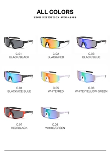 Collection of colorful cycling sunglasses in eight different frame and lens variations