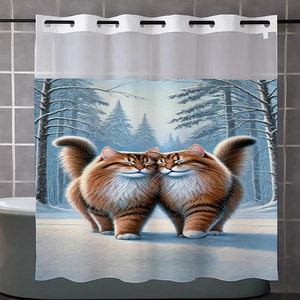 Detail of waterproof bath curtain featuring two tabby cats in a snowy forest scene