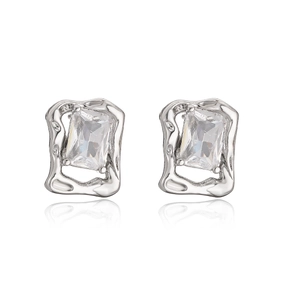 Minimalist geometric stud earrings with rectangular zircon in silver finish for women