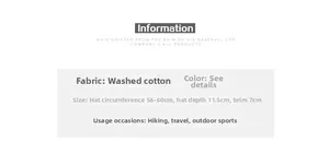 Detailed sizing chart and material specs for the washed cotton baseball cap