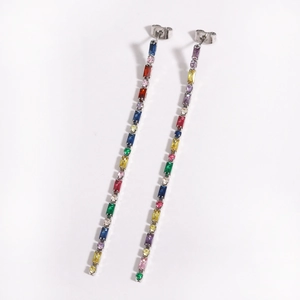 Colorful crystal tassel drop earrings in silver setting featuring a vibrant gradient design