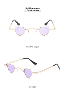 Detail view of heart-shaped sunglasses with gold metal frame and purple lenses