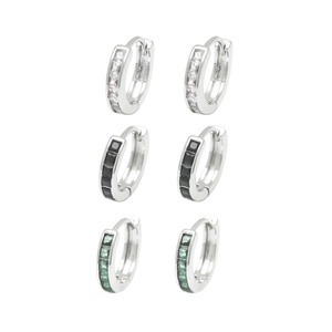 Three pairs of silver huggie hoop earrings set with white, black, and green square zircons