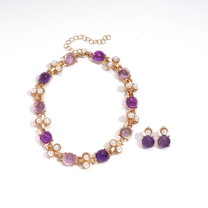 Vintage gold and purple resin pearl necklace set with matching round earrings