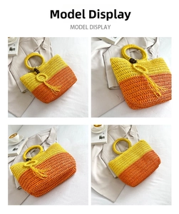 Detailed view of woven straw bag with colorful tassels and round handles in a chic setting