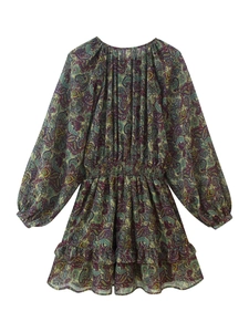 Detail of vintage paisley print mini dress with elastic waist and ruffled hemline