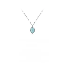 Detailed close-up of s925 silver necklace with an oval light blue opal pendant in simple style