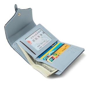 Light blue tri-fold wallet with lychee pattern and multi-card slot interior design
