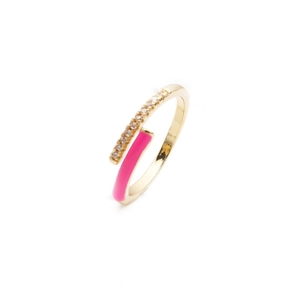 Adjustable gold plated ring with pink enamel and white zircon inlay on white background