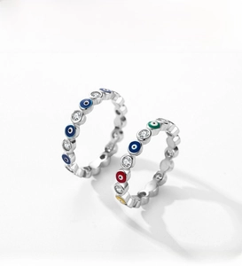 Detail of S925 sterling silver evil eye ring with colorful enamel and sparkling zircon