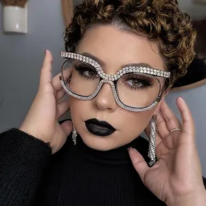 Chic oversized cat-eye glasses frame with sparkling rhinestones and blue light blocking