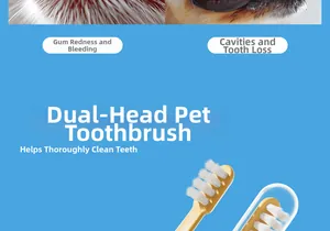 Close-up of dual-head pet toothbrush with yellow handle and white nylon bristles