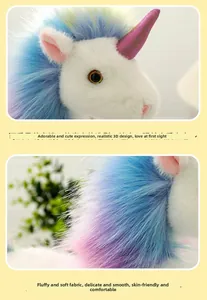 Details der bunten Regenbogenmähne und des Paillettenhorns beim weißen Einhorn-Plüschtier