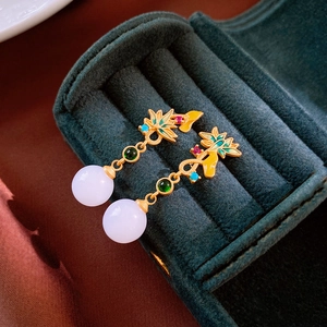Vintage Chinese style gold flower earrings with enamel petals and white pearl drops