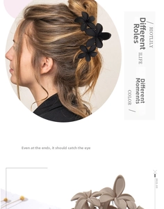 Close-up of matte finish triple flower hair claw clip worn on a model for hair styling