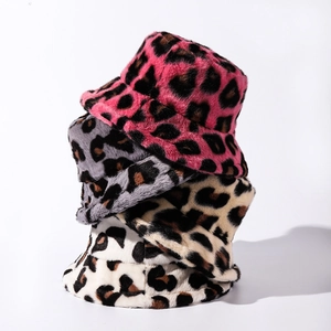 Plush leopard print bucket hats in pink, gray, khaki, and white for winter warmth