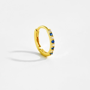 Detailed close-up of gold S925 silver hoop earrings with blue and white zircons