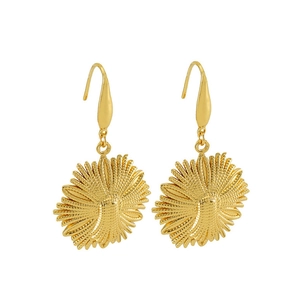 Detailed view of gold sunflower drop earrings with textured petals and long hook clasps